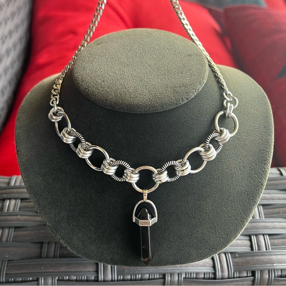 Handmade maille stainless steel cuban chain necklace + black obsidian bullet - Picture 9 of 13